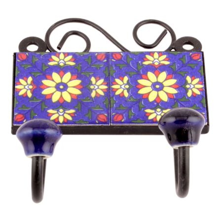 Navy Blue Yellow Sunflower Ceramic Tiles Hooks